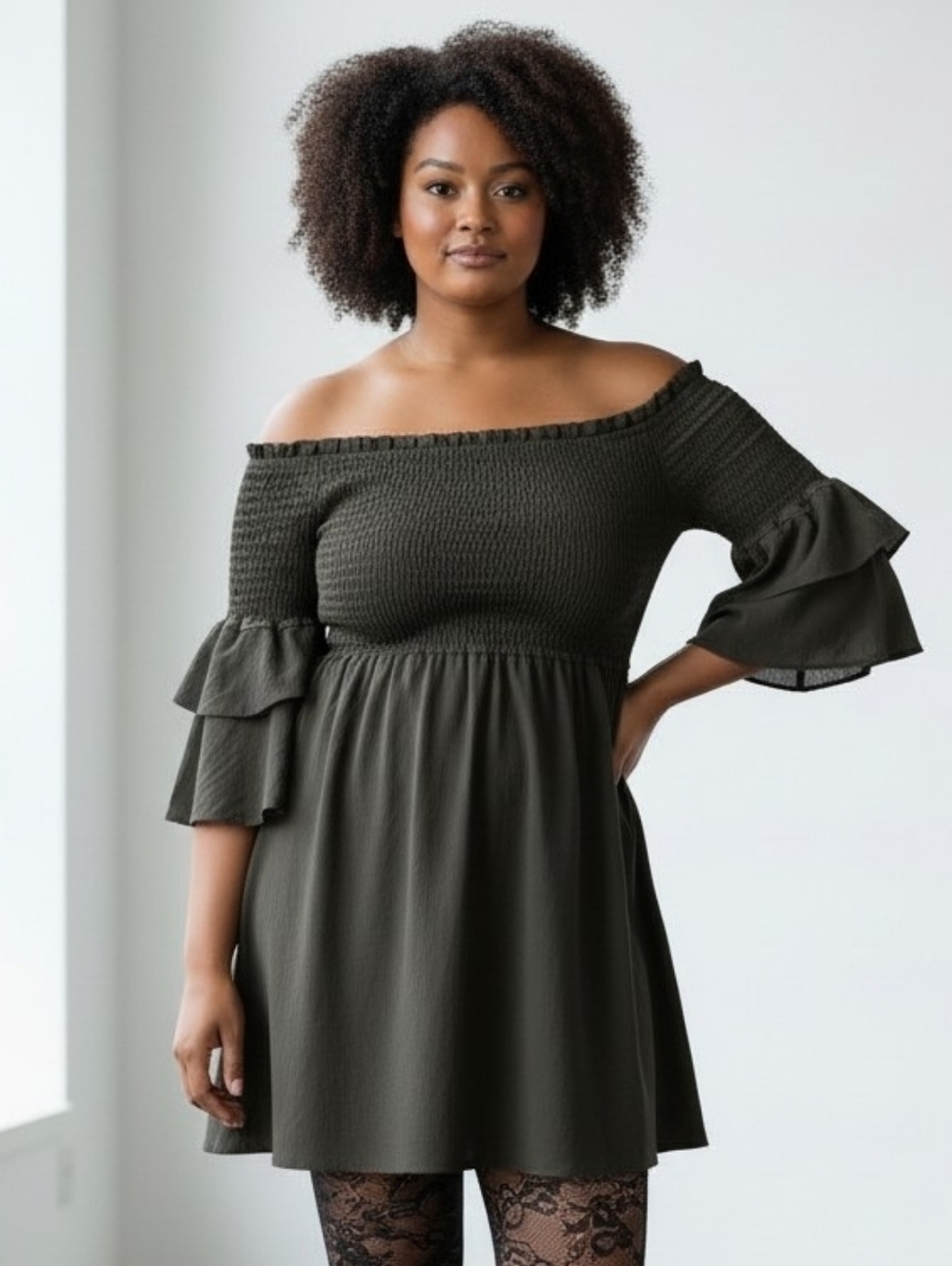 2X/3X Off-Shoulder Ruffle Sleeve Smocked Mini Dress - Black
